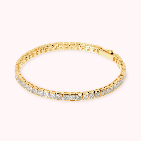 Golden Tennis Bracelet with Cubic Zirconia Square Shape