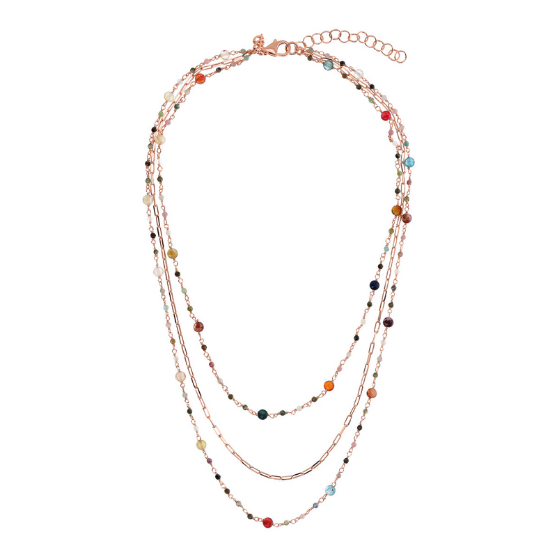 Graduated Multistrand Rosary Necklace with Multicolored Natural Stones