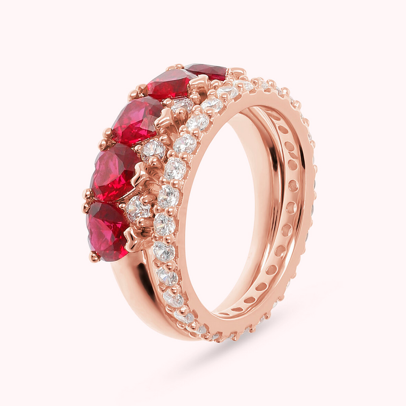 Bague Bicolore avec Cœurs en Zircons Cubiques Rouges et Blancs