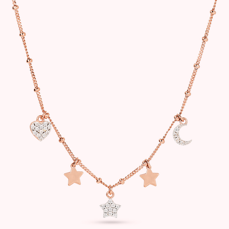 Necklace with Golden Rosé Charms and Pavé in Cubic Zirconia