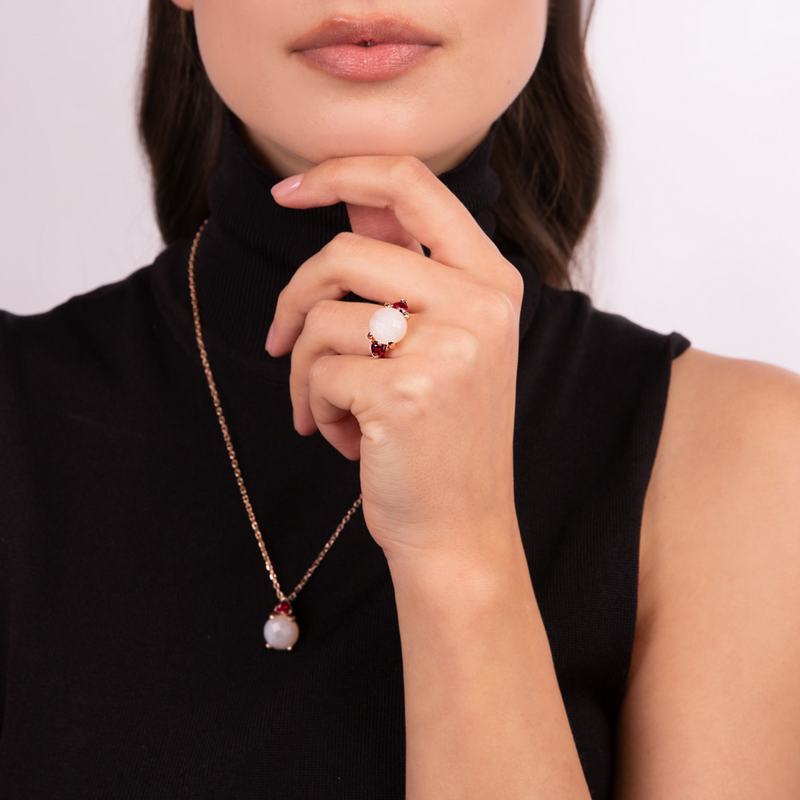 Cocktail Ring with Natural Stone and Cubic Zirconia Hearts