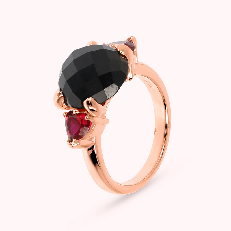 Cocktail Ring with Natural Stone and Cubic Zirconia Hearts