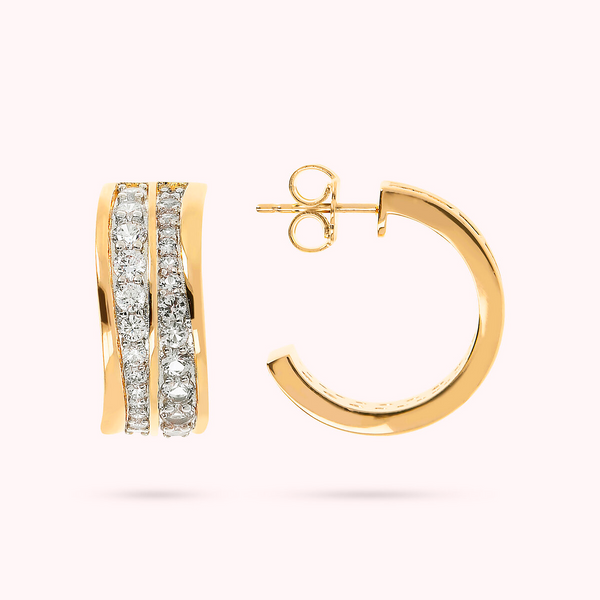 Golden Double Wave Hoop Earrings in Cubic Zirconia