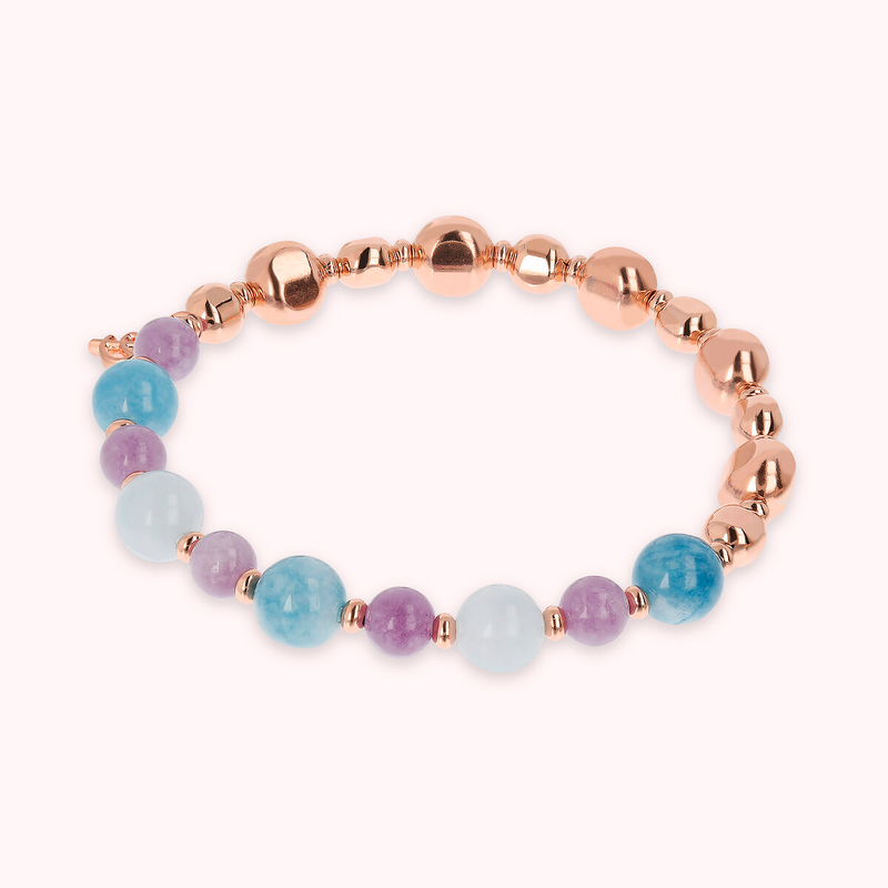 Elastic Bracelet with Natural Stones and Nuggets in Golden Rosé