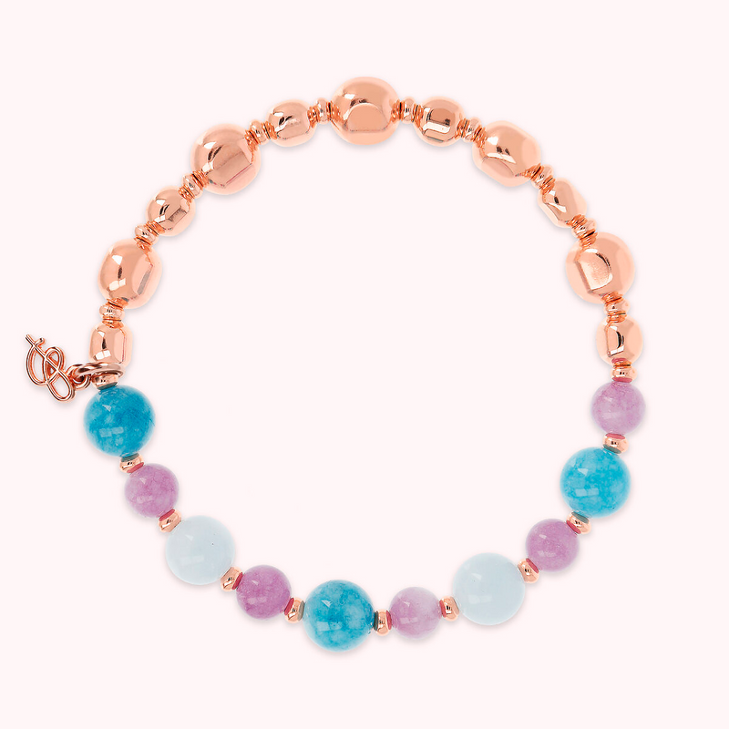 Elastic Bracelet with Natural Stones and Nuggets in Golden Rosé