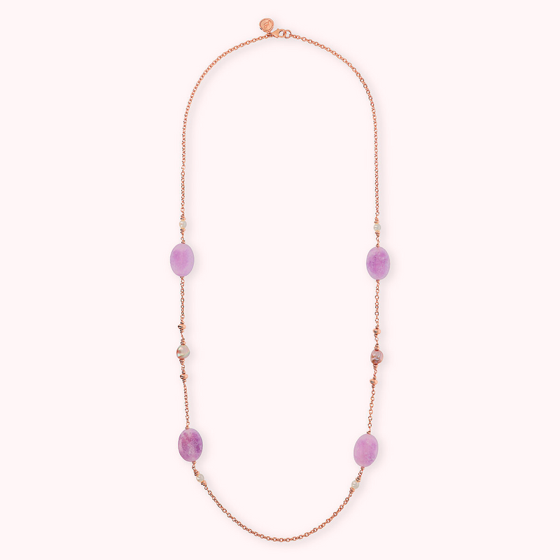 Rolo Chain Necklace with Purple Quartzite and Multicolor Freshwater Pearls Ø 6/9 mm