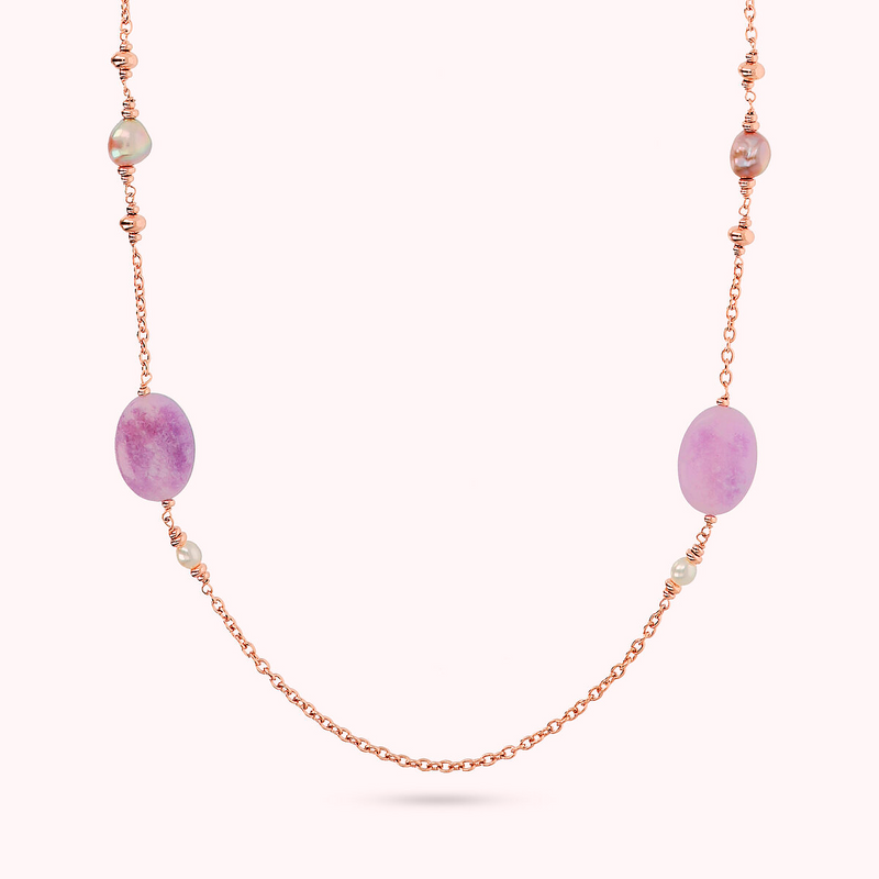 Rolo Chain Necklace with Purple Quartzite and Multicolor Freshwater Pearls Ø 6/9 mm