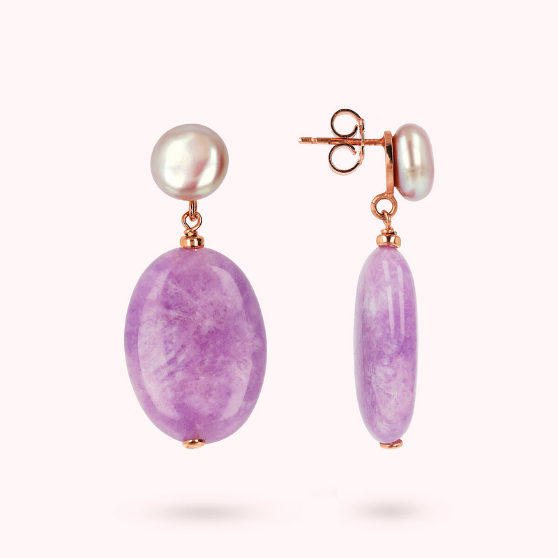 Boucles d'Oreilles Pendantes avec Perles d'Eau Douce Blanches et Améthyste Violette Ovale Ø 9/10 mm