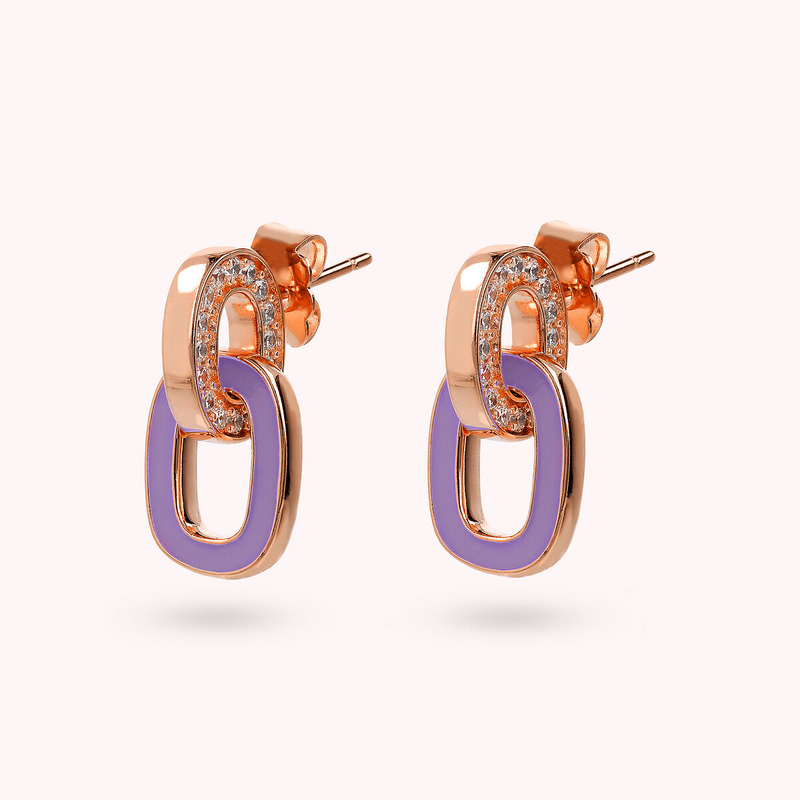 Pendant Earrings with Double Enamelled Link and Cubic Zirconia Pavé