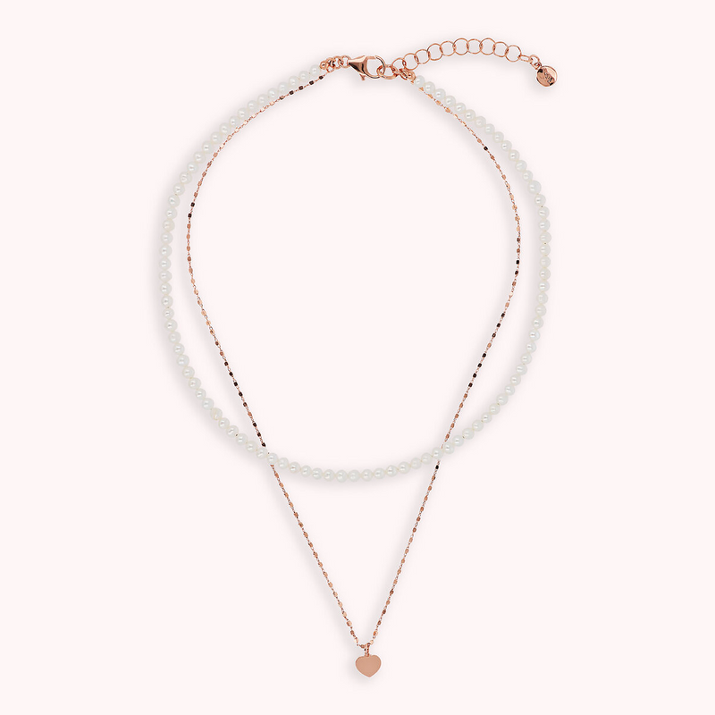 Collier chaîne cubique multibrins avec cœur et tour de cou de perles d'eau douce blanches Ø 3/4 mm