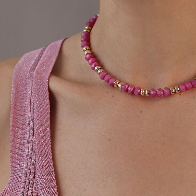 Choker Necklace with Golden Rosé Rondelle and Faceted Natural Stones