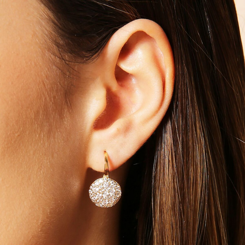 Golden Pendant Earrings with Round Pavé in Cubic Zirconia