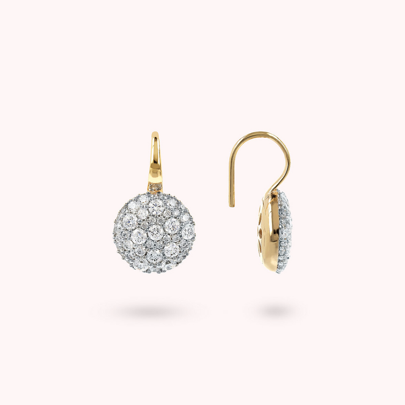 Golden Pendant Earrings with Round Pavé in Cubic Zirconia