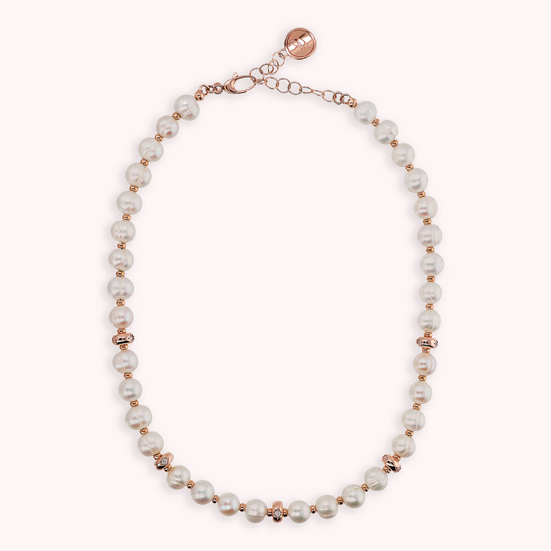 Collier Ras de Cou Rondelle Etoile et Perles d'Eau Douce Blanches Cerclées Ø 8,5/9,5 mm