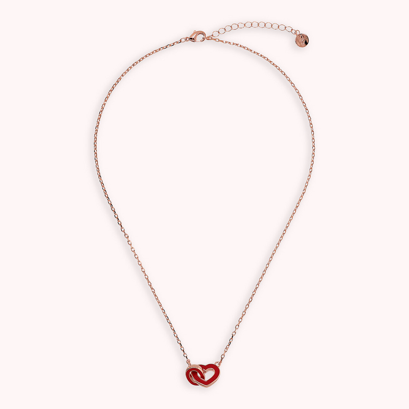 Collier Chaîne Forçat avec Double Pendentif Rouge Émaillé Cœur et Maillon Ovale