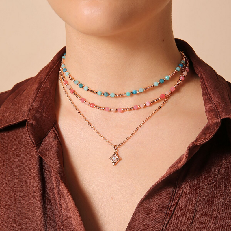 Necklace with Faceted Natural Stone and Etoile Pendant and Cubic Zirconia