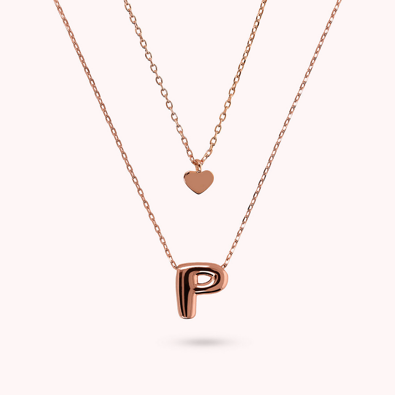 Multistrand Graduated Forzatina Chain Necklace with Heart Pendant and Letter Pendant