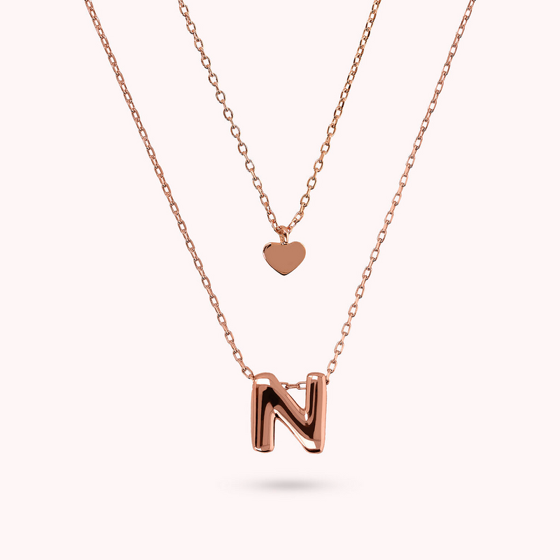 Multistrand Graduated Forzatina Chain Necklace with Heart Pendant and Letter Pendant