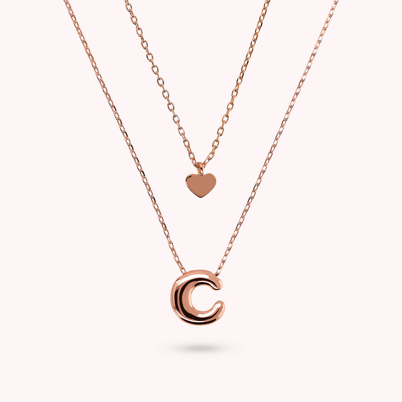 Multistrand Graduated Forzatina Chain Necklace with Heart Pendant and Letter Pendant