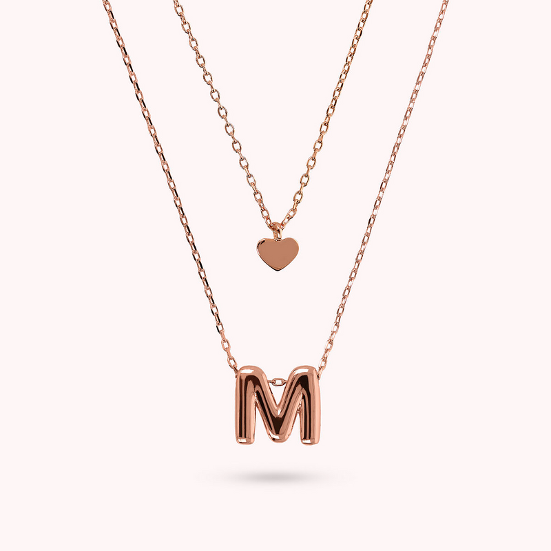 Multistrand Graduated Forzatina Chain Necklace with Heart Pendant and Letter Pendant