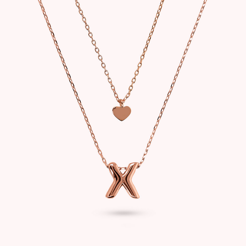 Multistrand Graduated Forzatina Chain Necklace with Heart Pendant and Letter Pendant