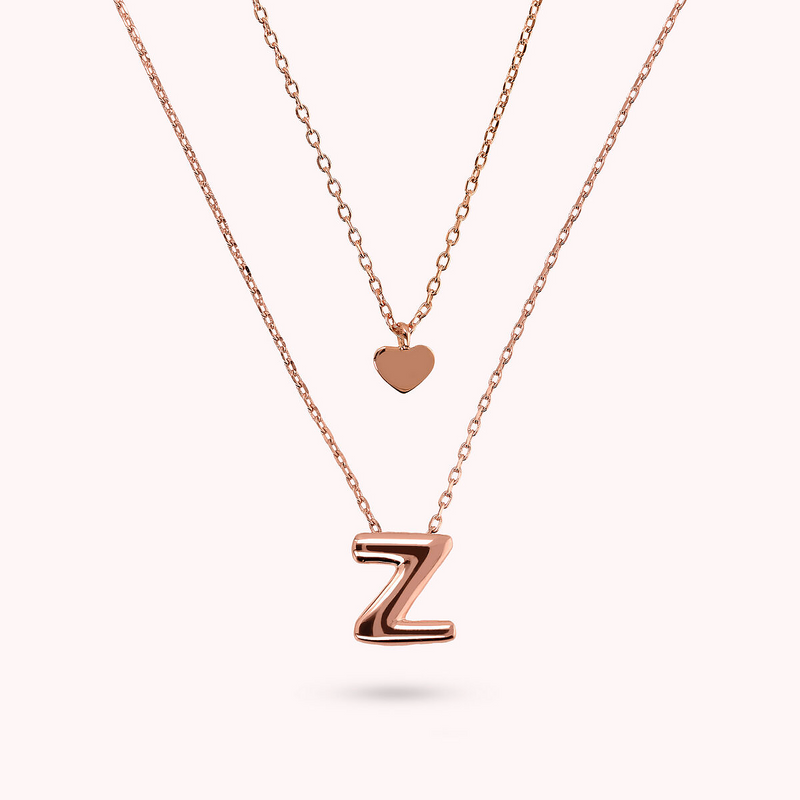 Multistrand Graduated Forzatina Chain Necklace with Heart Pendant and Letter Pendant