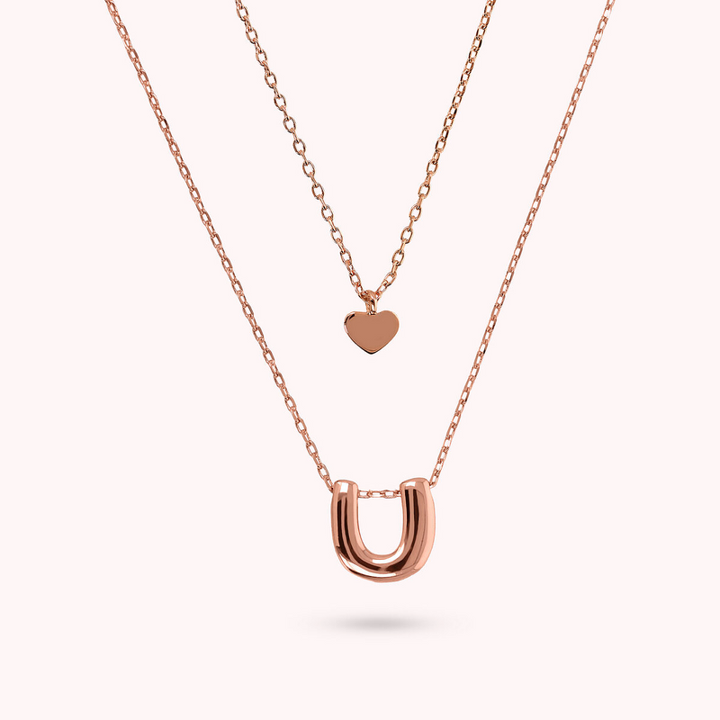 Multistrand Graduated Forzatina Chain Necklace with Heart Pendant and Letter Pendant