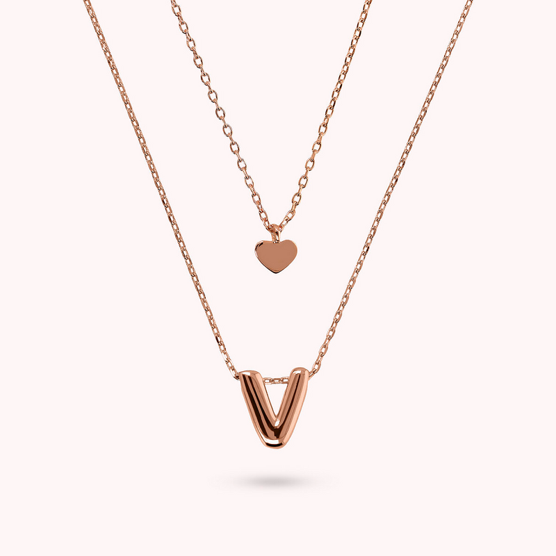 Multistrand Graduated Forzatina Chain Necklace with Heart Pendant and Letter Pendant