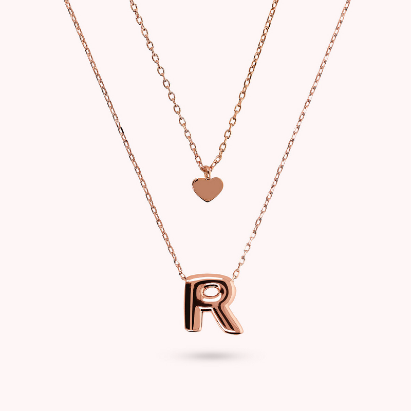 Multistrand Graduated Forzatina Chain Necklace with Heart Pendant and Letter Pendant