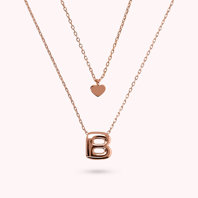 Multistrand Graduated Forzatina Chain Necklace with Heart Pendant and Letter Pendant