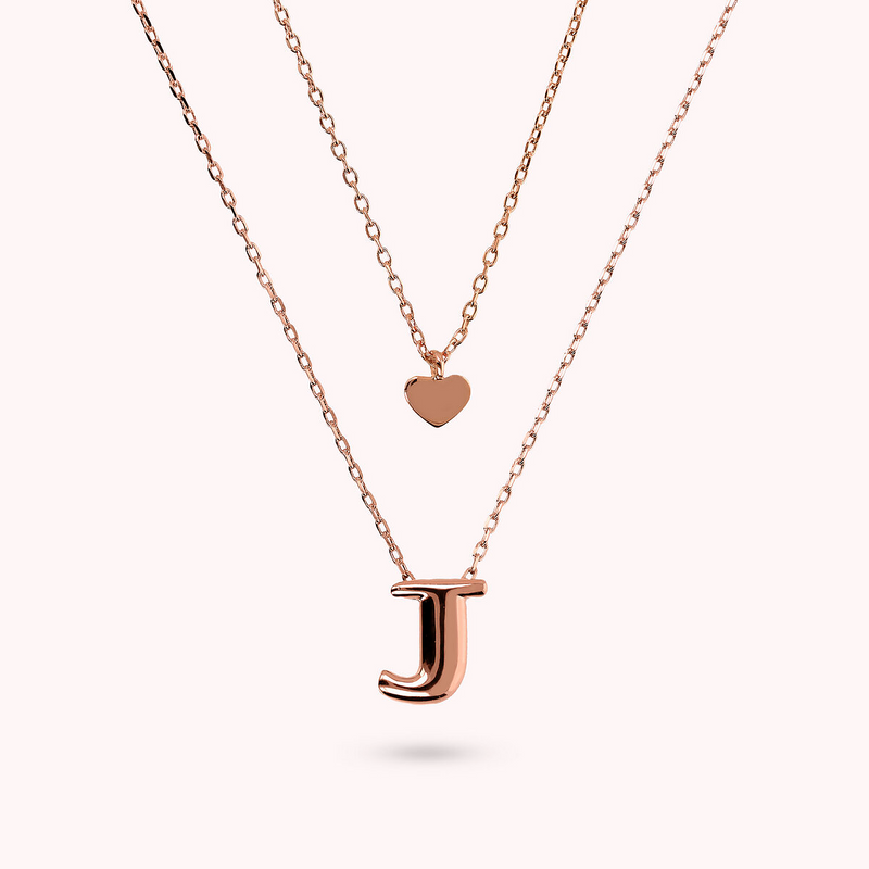 Multistrand Graduated Forzatina Chain Necklace with Heart Pendant and Letter Pendant