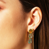 Golden Pendant Earrings with Green and Blue Prism Gem Mosaic Cut