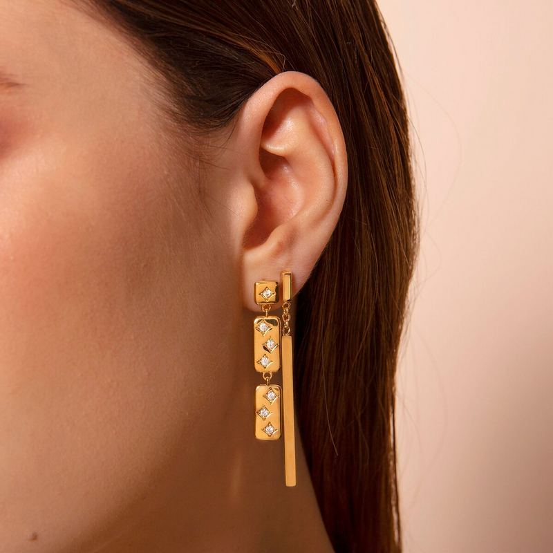 Golden Étoile Earrings with Rectangular Elements and Light Points in Cubic Zirconia