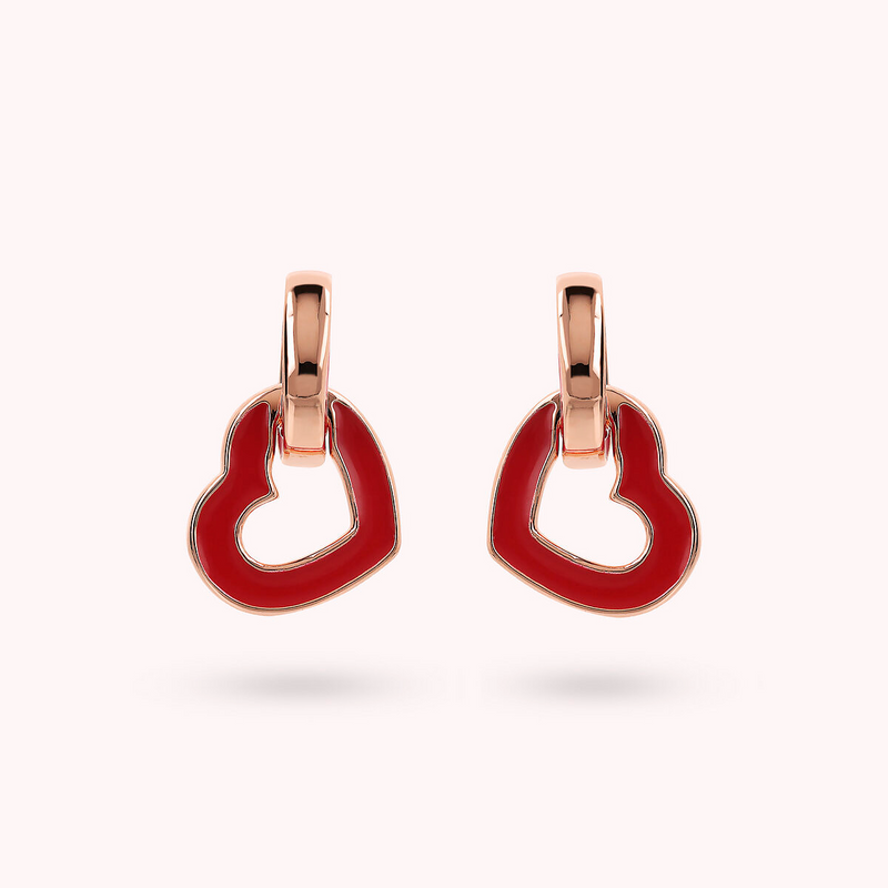 Boucles d'Oreilles Pendantes avec Double Élément Émaillé Coeur et Maillon Ovale