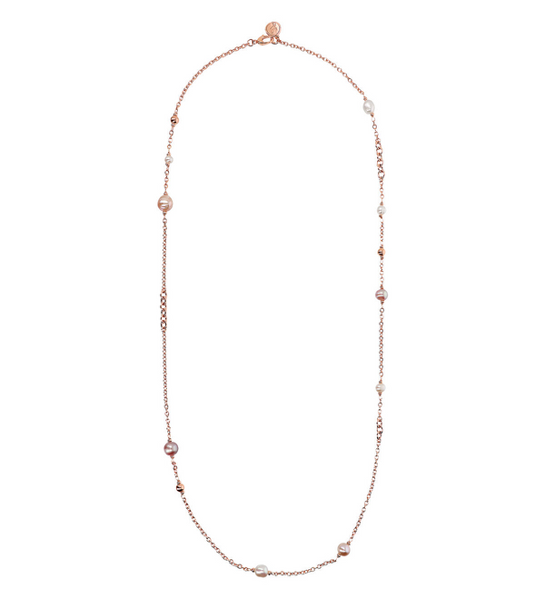 Long Rolo Chain Necklace with Golden Rosé Bead and Freshwater Pearls Ø 6/10.5 mm