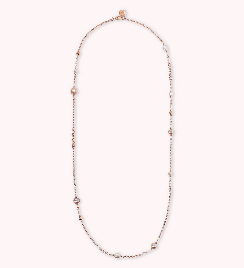 Long Rolo Chain Necklace with Golden Rosé Bead and Freshwater Pearls Ø 6/10.5 mm