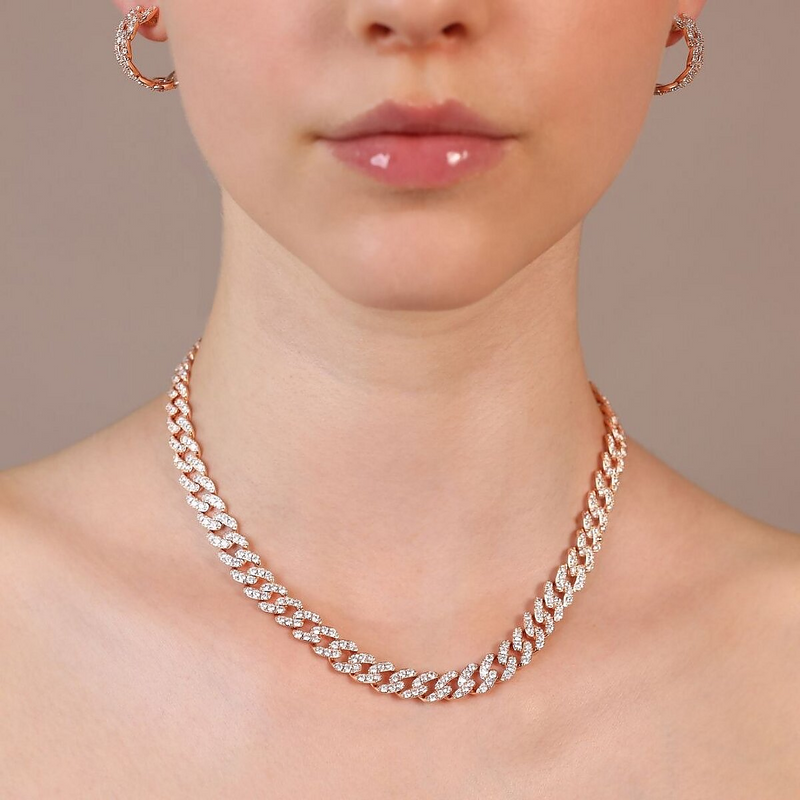 Squared Curb Chain Choker Necklace with Cubic Zirconia Pavé