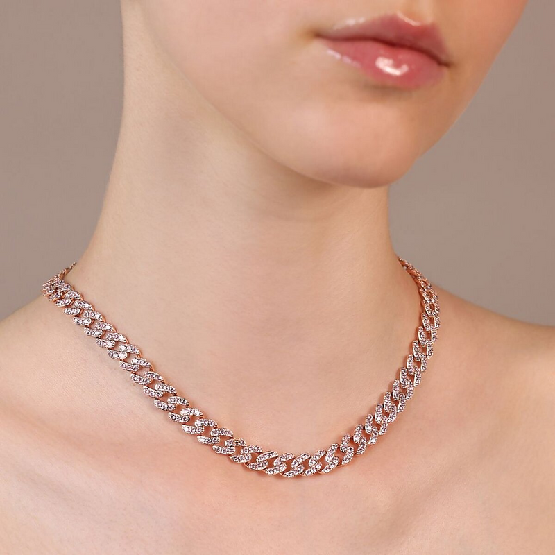 Squared Curb Chain Choker Necklace with Cubic Zirconia Pavé