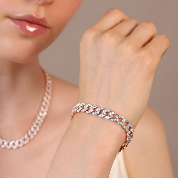 Bracciale Catena Grumetta Squadrata con Pavé di Cubic Zirconia