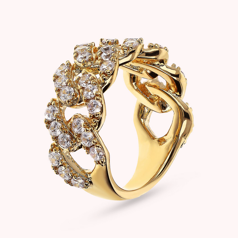 Golden Squared Chain Band Ring with Cubic Zirconia Pavé