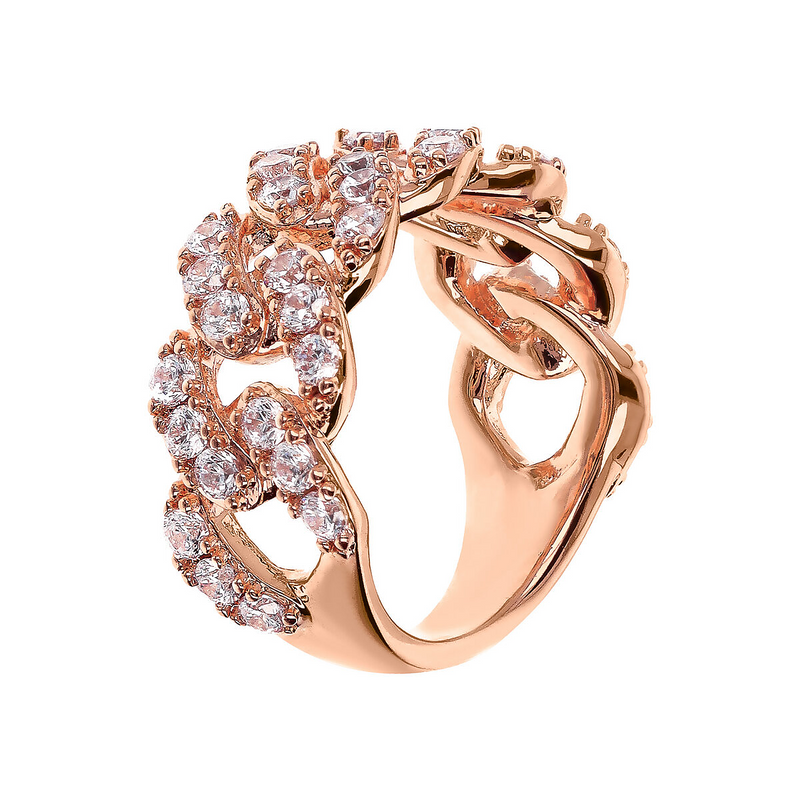 Squared Curb Chain Band Ring with Cubic Zirconia Pavé