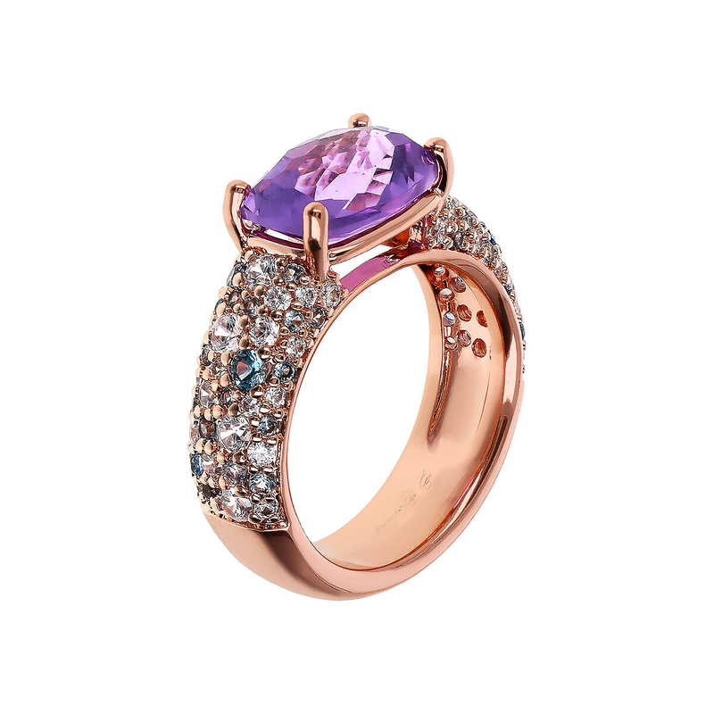 Ring with Mosaic Cut Gem Prism and Cubic Zirconia Pavé