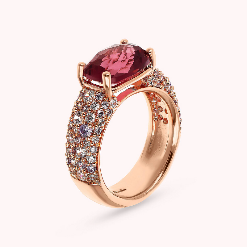 Ring with Mosaic Cut Gem Prism and Cubic Zirconia Pavé