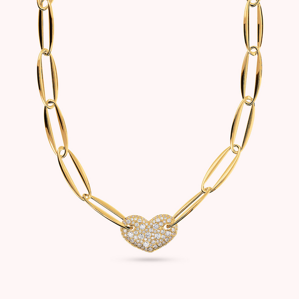 Collana Girocollo Golden Maglie Marquise e Cuore in Pavé di Cubic Zirconia