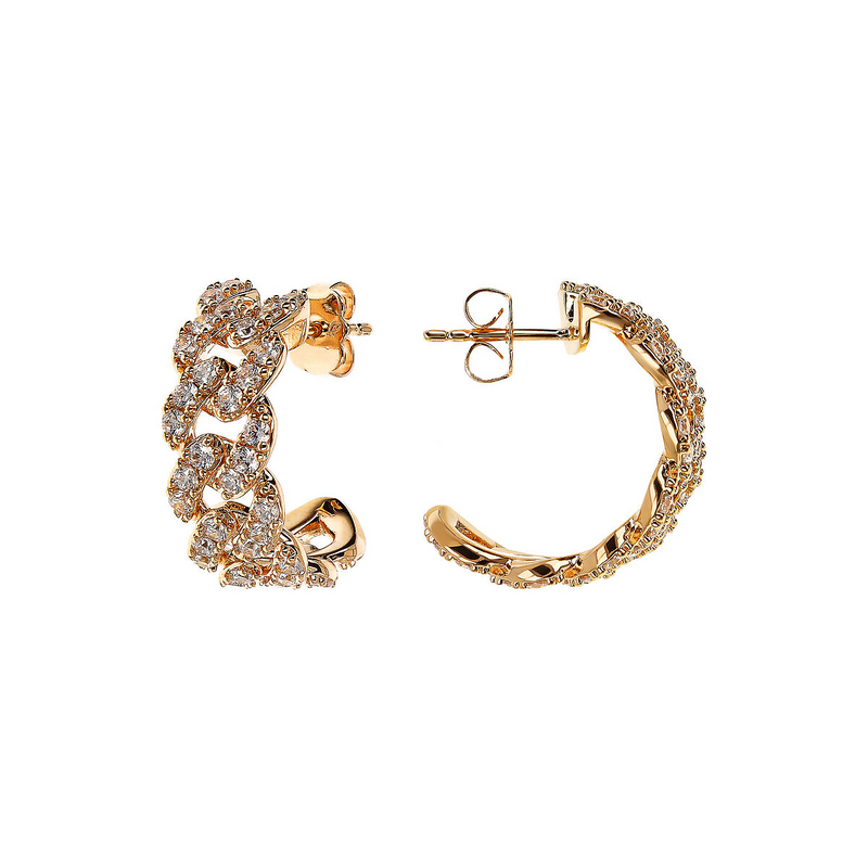 Golden Squared Chain Stud Earrings with Cubic Zirconia Pavé