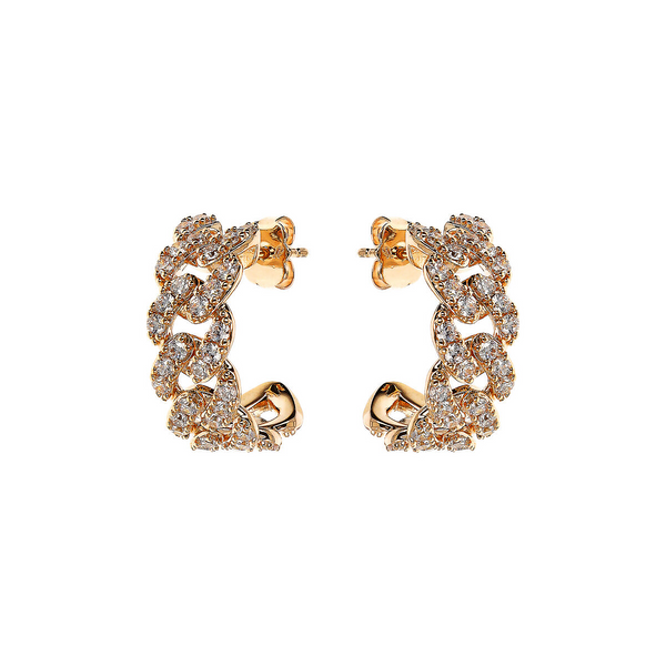 Golden Squared Chain Stud Earrings with Cubic Zirconia Pavé