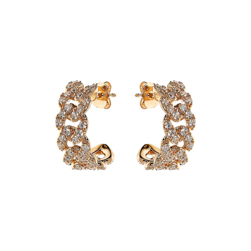 Golden Squared Chain Stud Earrings with Cubic Zirconia Pavé