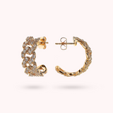 Golden Squared Chain Stud Earrings with Cubic Zirconia Pavé