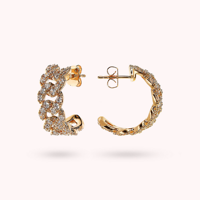 Golden Squared Chain Stud Earrings with Cubic Zirconia Pavé