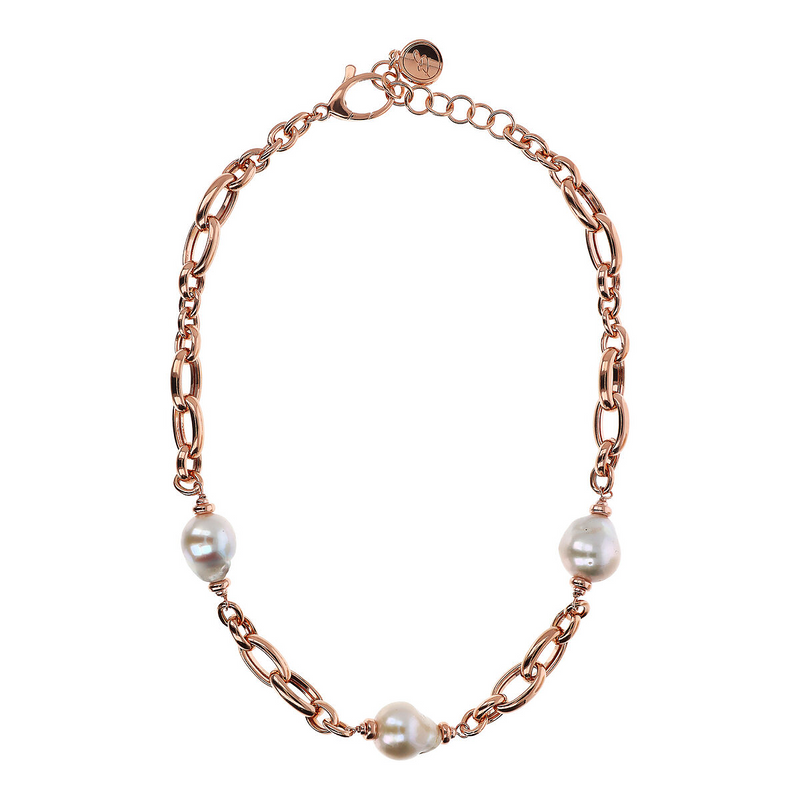 Collana Girocollo con Maglie Ovali Intrecciate e Perle Barocche Bianche d'Acqua Dolce Ø 13/14 mm